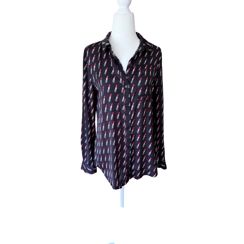 Forever 21 Womens Black‎ Lipstick Print Button Up Long Sleeve Blouse Shirt Small